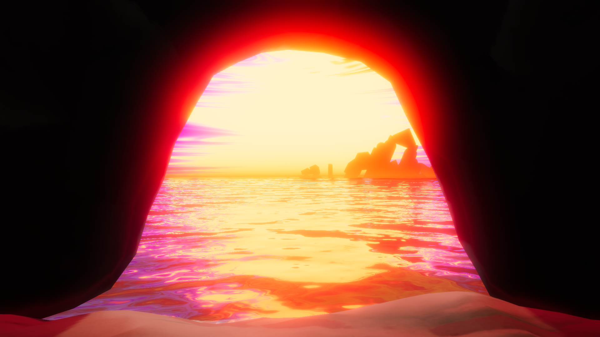 よるとうげ　洞窟の向こうに広がる朝焼けの海