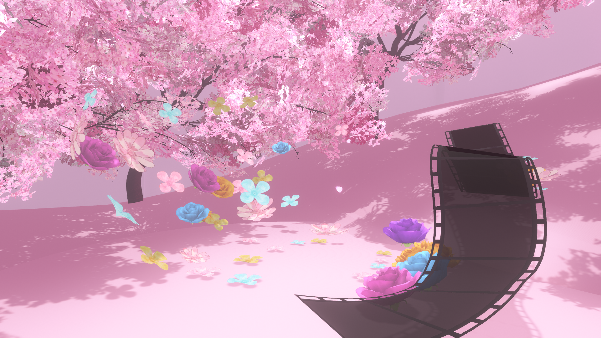 窓の向こうに再現された春の空間。桜の木と色とりどりの花、映画フィルムのようなオブジェが浮かんでいる
