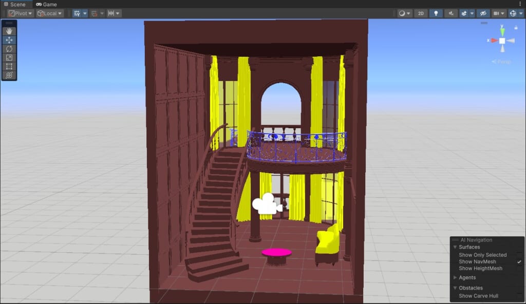 Unityに移行したEtage。仮の色が付いた状態の階段と2階