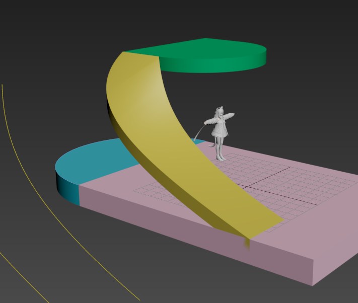 階段の形状を検討中の3Dモデル。カーブした階段が円形の2階に接続している